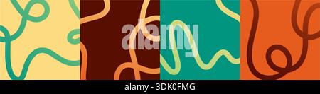 Lebendige Wellenmuster mit bunten Verläufen und fließenden Kurven. Moderne Grafik mit verspielten Spiralelementen, dynamischen Loops und lustigen geometrischen Elementen Stock Vektor
