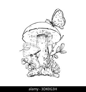 Botanische Komposition des Taigawaldes. Handgezeichnete Pilze, Blätter, Beeren, Moos und ein Schmetterling. Gut für botanische Drucke, Verpackungen, Etiketten, Bücher Stock Vektor