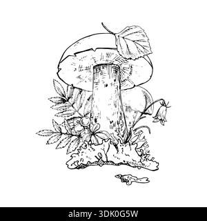 Botanische Komposition des Taigawaldes. Handgezogene Pilze, Blätter, Beeren, Blume und Moos. Gut geeignet für botanische Drucke, Verpackungen, Tätowierungen, Etiketten Stock Vektor