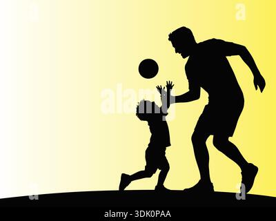 Vater spielt Tag mit Sohn, schwarze Silhouetten von Vater, der mit seinem Sohn am Tag seines Vaters spielt Stock Vektor