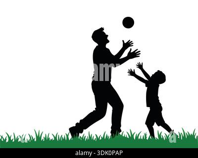 Vater spielt Tag mit Sohn, schwarze Silhouetten von Vater, der mit seinem Sohn am Tag seines Vaters spielt Stock Vektor