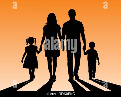 Glückliche Familiensilhouette, vektorschwarze Silhouette des Familienwanderns, Silhouette der Familie Stock Vektor