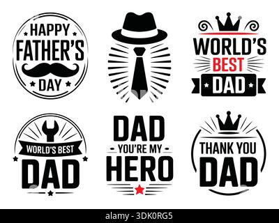 Aufkleber „Happy Vatertag“. Männliche Abzeichen mit Hut, Schnurrbart und Krawatte, World's Best Dad, My Hero, Danke Dad, alles Gute zum Vatertag. Stock Vektor