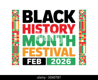 Black History Month Festival Februar 2026 mit afrikanischem Kente Pattern Modern Poster Design Stock Vektor