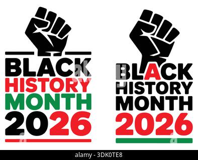 Schwarzes Poster der Geschichte Monat 2026 mit erhöhtem Faustsymbol auf weißem Hintergrund Stock Vektor