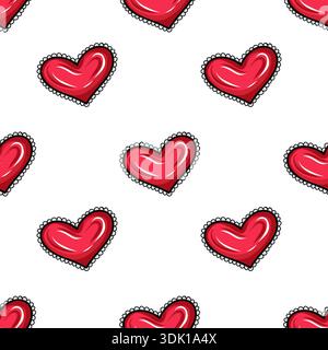 Nahtloses Herzmuster aus roten Hochglanz-Herzen mit dekorativem Umriss, Vektor-Illustration in niedlichem Zeichentrickstil Stock Vektor