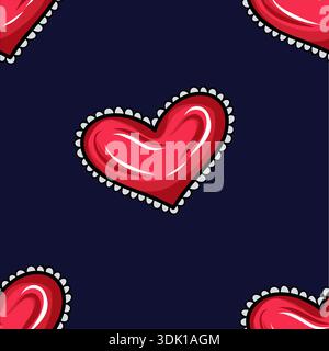 Nahtloses Herzmuster aus roten Hochglanz-Herzen mit dekorativem Umriss, Vektor-Illustration in niedlichem Zeichentrickstil Stock Vektor