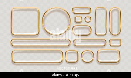 Eine Kollektion eleganter goldener Rahmen und Borten in verschiedenen Formen. Perfekte 3D-Metallic-Elemente für luxuriöses Design. Vektorabbildung Stock Vektor
