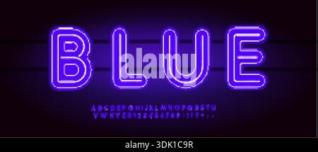 Blaue Neon Schriftart Logo Alphabet Vektor Englische Buchstaben Set Moderne Typografie, kreatives Typografie Design für Titeltext, Tippplakat Überschrift, Typ Stock Vektor