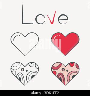 Love Heart Shape Icon Set, handgezeichneter Tintenfleck Pinselkonturstrich, grooviges Dekor Ornament, Sketch Doodle Style Design, rote rosa Farbe Stock Vektor