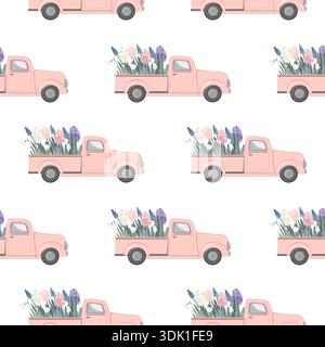 Roter Vintage-Pickup mit dem ersten nahtlosen Blumenmuster. Happy Spring Hintergrund. Vektorabbildung Stock Vektor