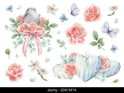 Hölzerne Herzen und Titten mit Rosen, Blumen und Schmetterlingen in zarten Pastelltönen. Handgezeichnete Aquarellillustration. Aufkleberpackung, ein Satz Stockfoto