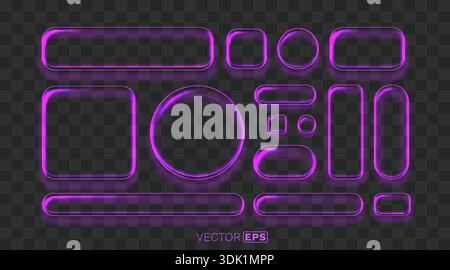 Sammlung von leuchtend violetten Neonrahmen und Knöpfen. Moderne Glas-UI-Elemente für Webdesign. Vektorabbildung. Stock Vektor
