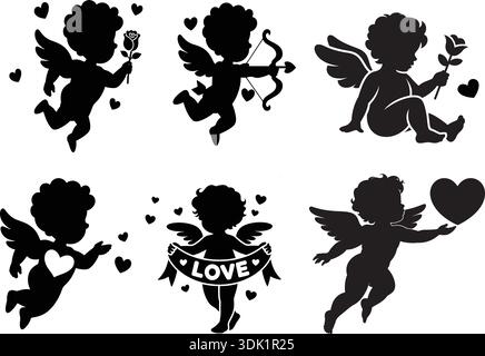 Romantische Cupid Engel Silhouette Set mit Herzen - niedliche Cupid Engel Icons Valentine Liebe Vektor Set Stock Vektor