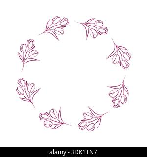 Tulpenblumenkranz im Linienart-Stil, ideal für Frühlingskarte, botanische Illustration, Blumenkunst und Design. Isoliert auf weißem Hintergrund. Stock Vektor