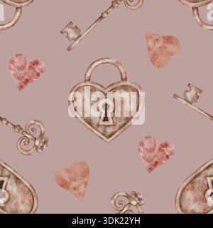 Einzelne Vorhängeschlösser mit Herz, verstreute Tasten und staubige rosa Hintergrundfarben in Aquarellillustration, handgezeichnet und nahtlos gemustert. Perfekt für Poster, Oberflächendesign und Textildruck Stockfoto