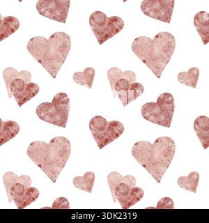 Gemalte Herzen und sanfte rosa Farbtöne in Aquarellclipart, handgezeichnet und als nahtloses Muster wiederholt. Entwickelt für Scrapbook-Papier, Grußkarten, Geschenkverpackung, Bekleidungsakzente und Verpackungen Stockfoto