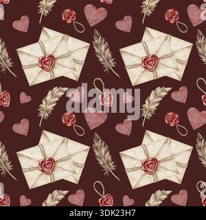 Liebesbriefe, Wachssiegel und tiefe burgunderrote Hintergrundfarben in Aquarellillustration, handgezeichnet als nahtloses Muster. Perfekt für luxuriöse Verpackungen, Tapeten, Textilien und Schreibwaren Stockfoto