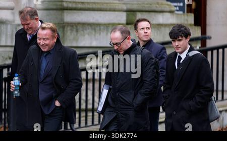 Michael Flatley (second left) at Belfast High Court where Switzer Consulting is taking legal action in a civil case against the choreographer and dancer for alleged breach of contract, relating to an agreement the firm says was reached to allow it to run the dance shows. Picture date: Thursday January 29, 2026. Stockfoto