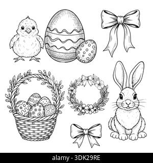 Frohe Ostern monochromatische handgezeichnete Skizze mit niedlichen Tieren, traditionellen Feiertagsattributen und natürlichen Designelementen Vektorillustration Stock Vektor