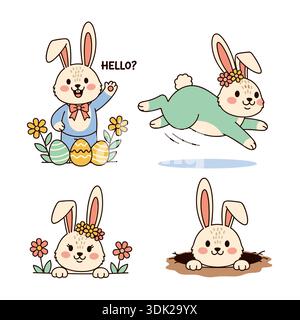 Hase ostern Clipart Zeichensatz. Zeichentrickfigurenkollektion des Osterhasen in winkender, hüpfender und versteckter Pose im Loch für die Eierjagd-Celebrati Stock Vektor