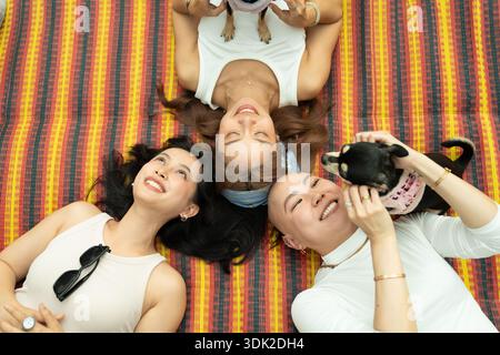 Freunde, die mit zwei kleinen Hunden auf der Matte liegen Stockfoto