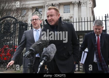 Michael Flatley speaking to members of the media outside Belfast High Court, after a legal order blocking him from engaging with the Lord of the Dance production has been overturned. At The Chancery Court in the Royal Courts of Justice on Thursday, Mr Justice Simpson discharged a temporary injunction that had been secured against the dancer and choreographer. Picture date: Thursday January 29, 2026. Stockfoto