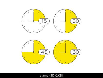 15 Minuten, 30 Minuten, 45 Minuten, 60 Minuten und Analoguhren-Konzept. Stock Vektor