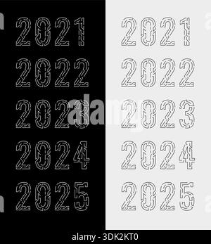 2021, 2022, 2023, 2024, 2025 digital, futuristische, technologische Zahlen Stock Vektor