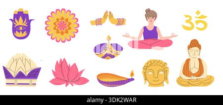 Indische Yoga- und Kultursymbole. Vektor-Zeichentrickfilm flache Illustration isoliert. Frau in Meditation und Yoga, buddha, Religion Elemente gesetzt. Farbenfroh Stock Vektor