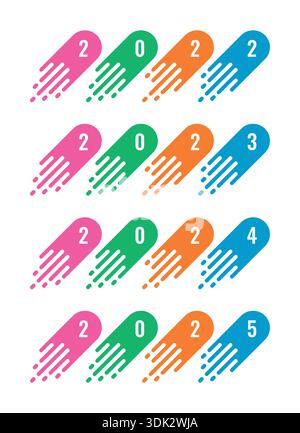 Farbenfrohe und schnelle 2022, 2023, 2024, 2025 Logos. Stock Vektor