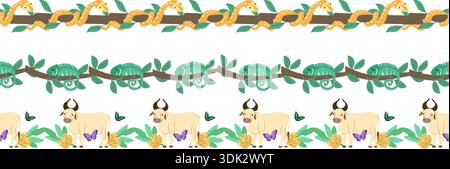 Eine Reihe von tropischen Vektorgrenzen mit indischer Kuh und Bananen, Chamäleon auf einem Ast, Schlange auf einem tropischen Baum. Kann für ethnisch-orientalische Designs mit asiatischem Design verwendet werden Stock Vektor