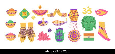 Indische Nationalsymbole und Kultursymbole. Vektor-Zeichentrickfilm flache Illustration isoliert. Holi- und diwali-Festivals, Mehendi- und Meditationselemente. Co Stock Vektor