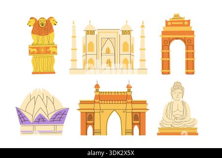 Vektorset von Indiens Wahrzeichen und berühmten Objekten. Indien Gateway, Lotus Tempel, Buddha in Bodhgaya, Ashoka Emblem, Taj Mahal. Indische Denkmäler und Gebäude Stock Vektor