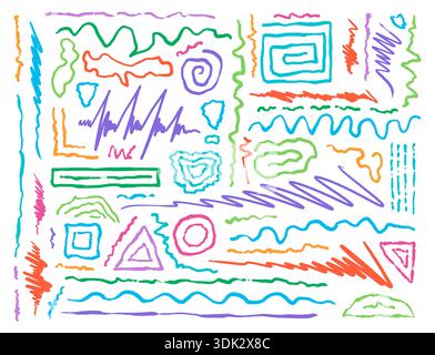 Farbenfrohes Set mit Handkritzelformen. Handgezeichnete Linien und geometrische Formen. Hintergrund für geometrische Formen Stock Vektor