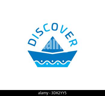 Entdecke Logo und Papierschiff. Blaues Discover-Logo. Stock Vektor