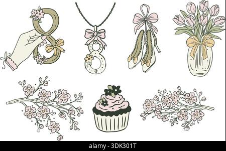 Set Aus Handgezeichnetem Federkernskizze Mit Tulpe, Sakura-Blume, 8. März, Feminine Schuhe Und Cupcake Coquette Collection Stock Vektor