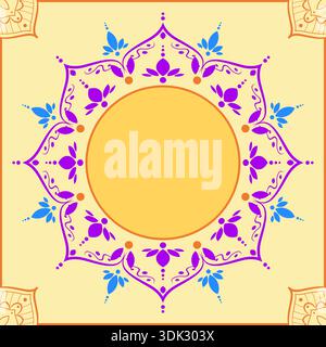 Indische Blume Rangoli Mandala Kunst mit luxuriöser bunter Kreisrahmenrand, Vektorillustration gelber Hintergrund Stock Vektor