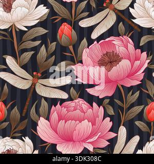 Vintage florale Pfingstrose nahtloses Muster mit Pfingstrosen Libelle und Blätter ästhetischen Luxus Vektor Cottagecore Boho Vintagecore Hintergrund Stock Vektor