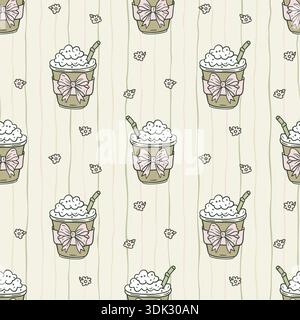 Coquette Coffee Cup Bow Pastel Gestreifte Nahtlose Muster Vektor Blumen Netter Ästhetischer Cottagecore Getränk Hintergrund Stock Vektor