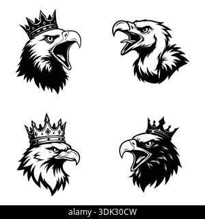 Set von auffälligen schwarzen Vektor-Adlerkopf-Maskottchen mit Krone. Eine Silhouette Eagle Heads Vektor-Illustration Stock Vektor