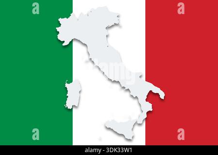 Italien, Ländersilhouette auf Nationalflagge. Graue Umrisse der Italienischen Republik, mit Schatten auf dem Tricolore. Stockfoto