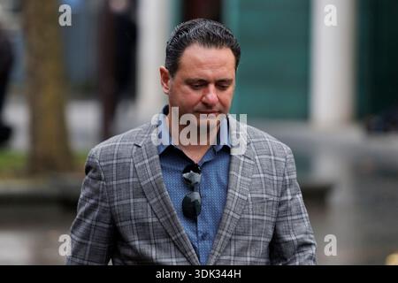 Armand Lako of Switzer outside Belfast High Court, after a legal order blocking Michael Flatley from engaging with the Lord of the Dance production has been overturned. At The Chancery Court in the Royal Courts of Justice on Thursday, Mr Justice Simpson discharged a temporary injunction that had been secured against the dancer and choreographer. Picture date: Thursday January 29, 2026. Stockfoto
