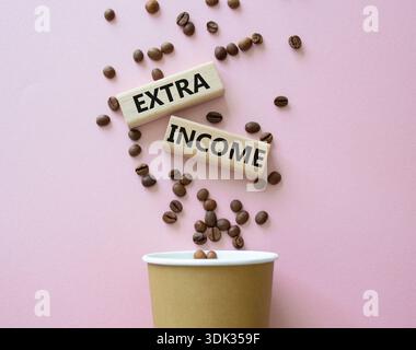 Symbol für zusätzliches Einkommen. Concept Words Extra Income auf wunderschönem Holzbildrahmen. Schöner rosafarbener Hintergrund mit Kaffeetasse und Kaffeebohnen. Geschäftsleute Stockfoto