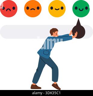 Man bewegt den Zeiger auf das positive Symbol. Emotionale Dimension der hervorragenden Kundenbewertung. Kundenfeedback. Beste Erfahrung. Zufriedenheitsgrad. Qualität Stock Vektor