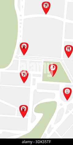 Vektorabbildung einer Stadtkarte im GPS-Navigationsstil mit roten Positionsstiften, die Punkte von Interesse wie Restaurants, Tankstellen, p Stockfoto