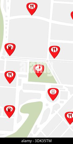 Vektorabbildung einer Stadtkarte im GPS-Navigationsstil mit roten Positionsstiften, die Punkte von Interesse wie Restaurants, Tankstellen, p Stockfoto