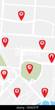 Vektorabbildung einer Stadtkarte im GPS-Navigationsstil mit roten Positionsstiften, die Punkte von Interesse wie Restaurants, Tankstellen, p Stockfoto