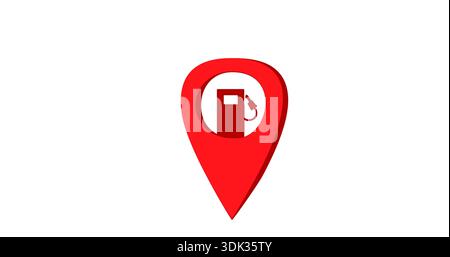 Rote GPS-Positionsmarkierung mit Gebäudesymbol, isoliert auf weißem Hintergrund. Repräsentiert städtische Lage, Adresse, Immobilien, Büros und Geschäftspunkte Stockfoto