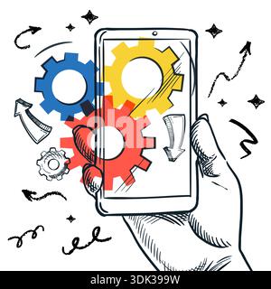Menschliche Hand hält Smartphone mit bunten Zahnrädern. Vektor Hand gezeichnete Skizze Collage Illustration. Digitale Technologie, App-Entwicklung, Innovation, wor Stock Vektor